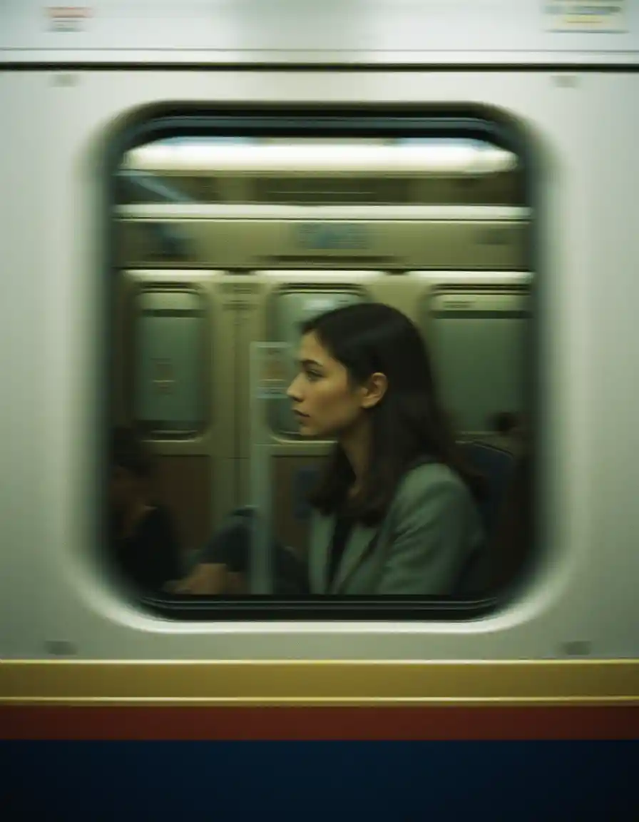 Woman seen through subway window in motion blur
