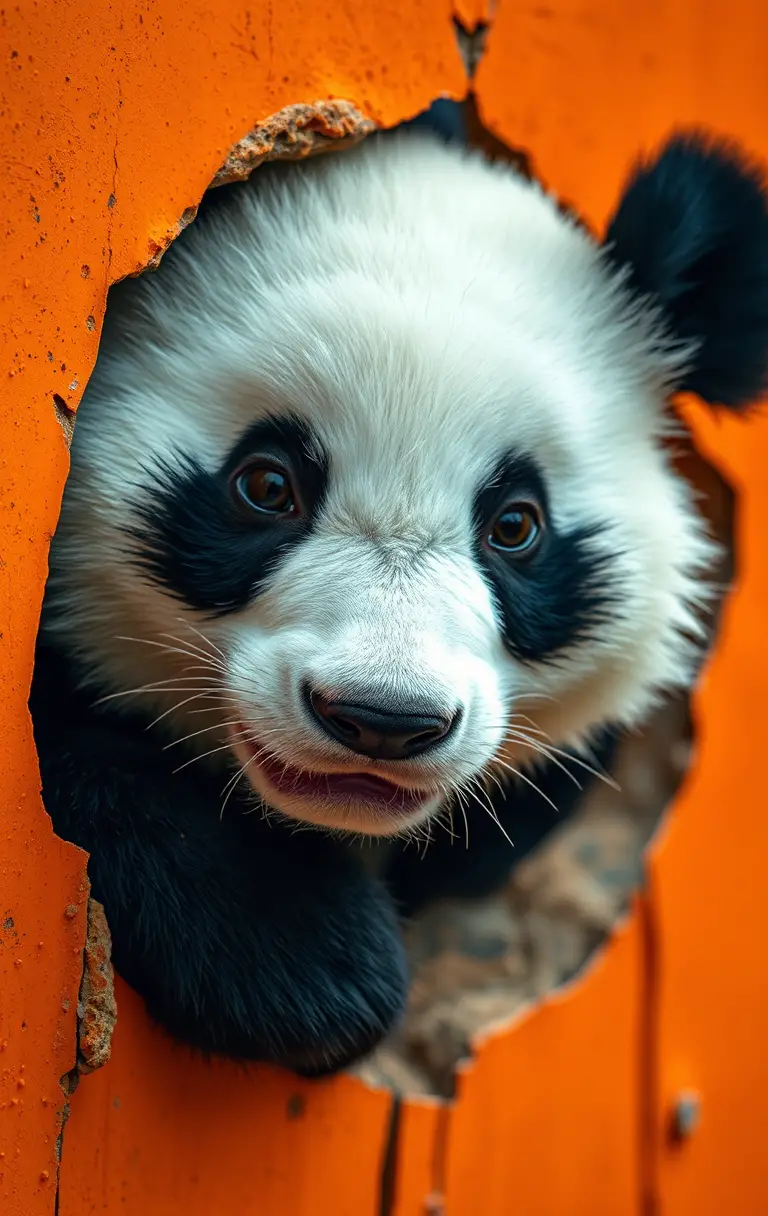 Close up panda peeking through a hole in orange wall