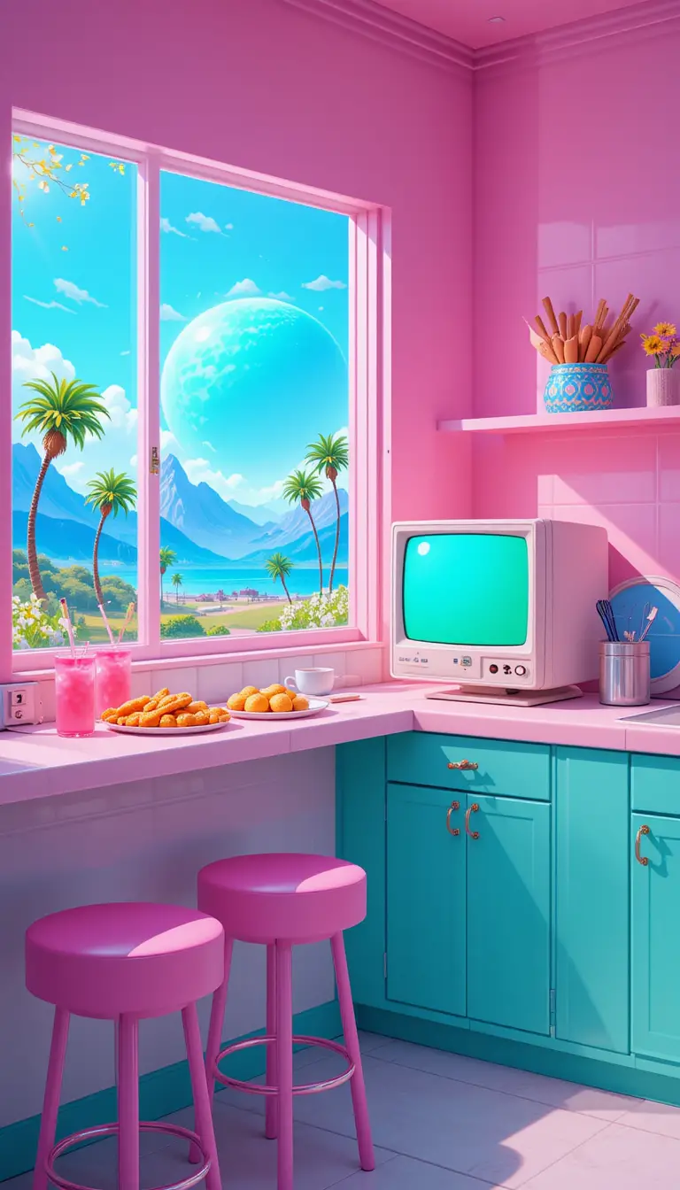 Colorful pixel art diner kitchen with retro computer