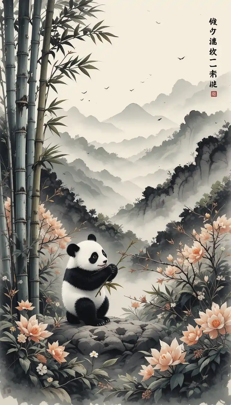 Panda madre e cucciolo in sereno paesaggio d'inchiostro tra i bambù