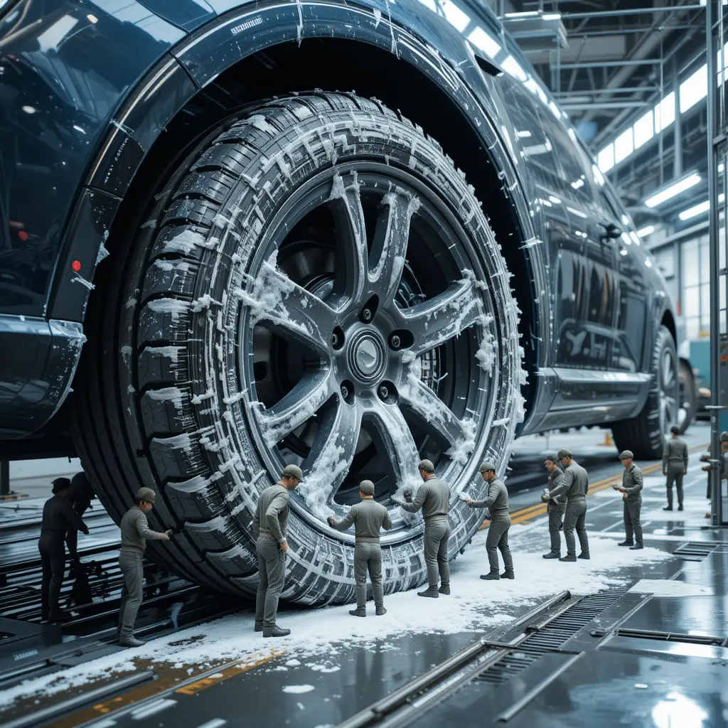 Mini workers cleaning a gigantic car tire in factory