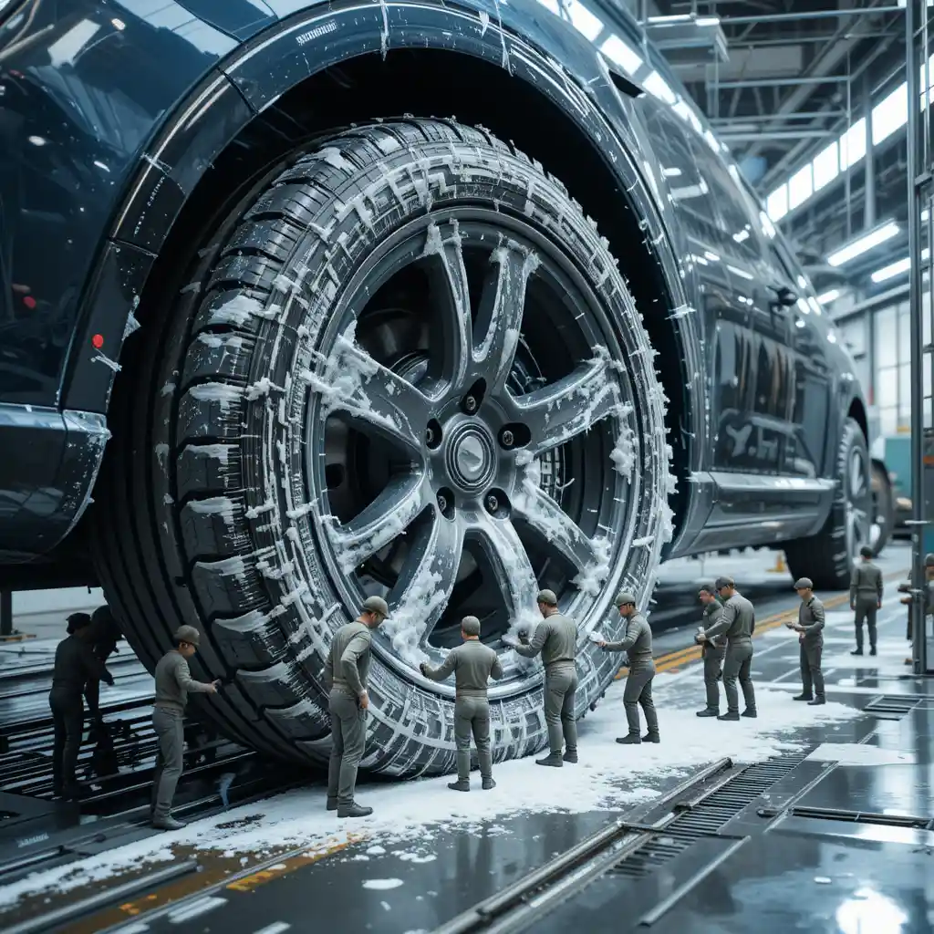 Mini workers cleaning a gigantic car tire in factory