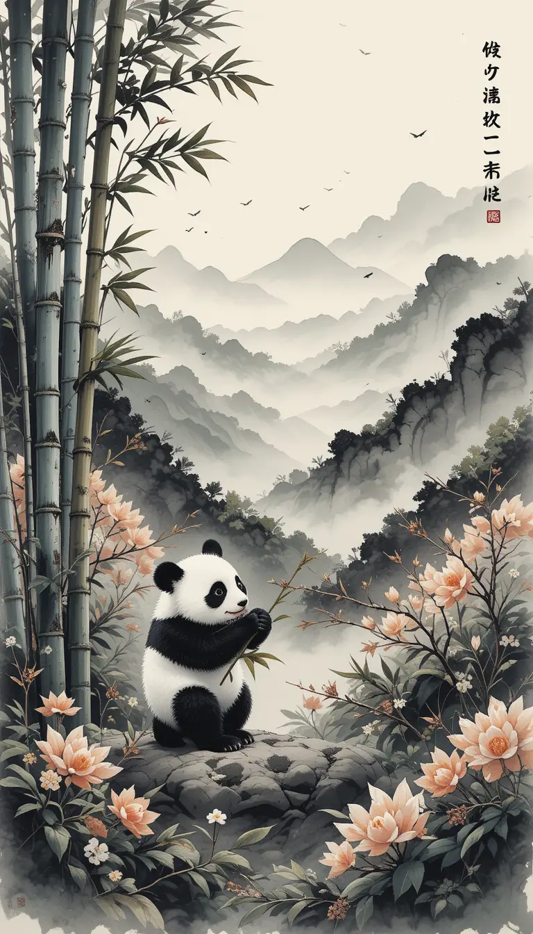 Mother and baby panda in serene bamboo ink landscape