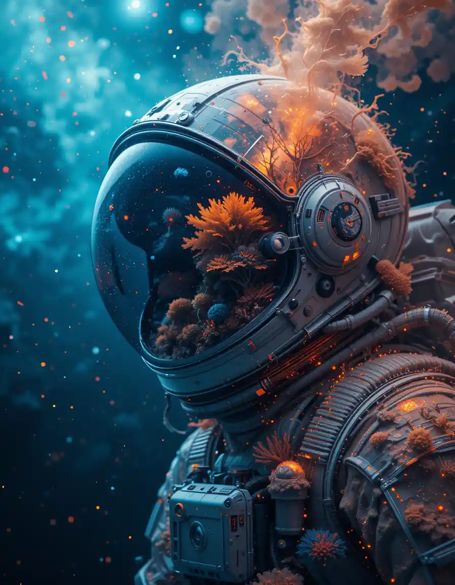 Astronaut In Double Exposure Space And Underwater Scene