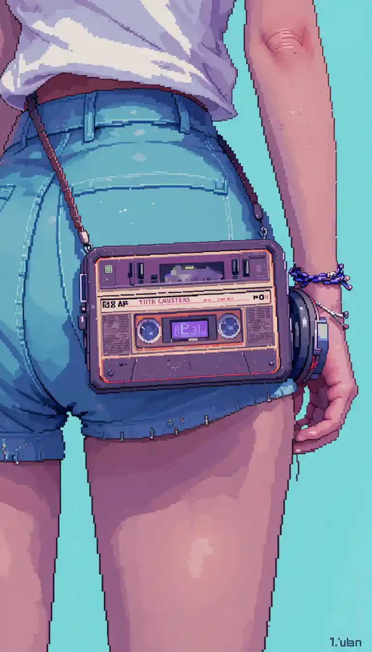 Pixel art cassette player hanging on a woman