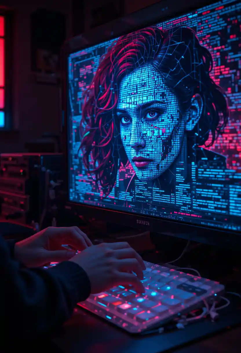 Hacker typing on keyboard with glitching face on monitor