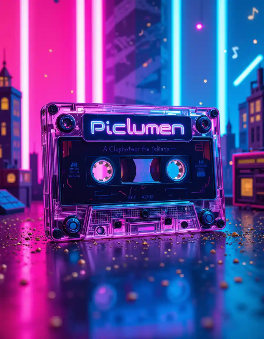 Retro cassette with neon futuristic 80s style design