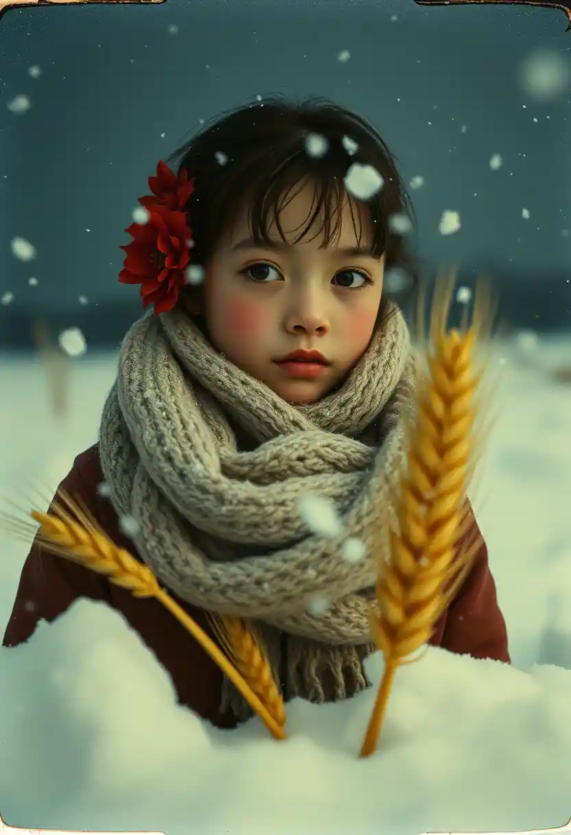 Shy girl in a snowstorm finding wheat under moonlit sky