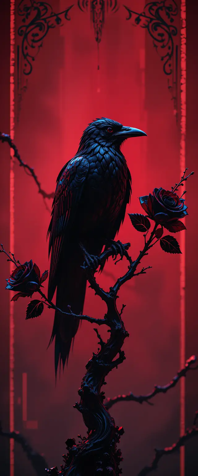 Surreal 3d raven on crystal branch with neon gothic glow