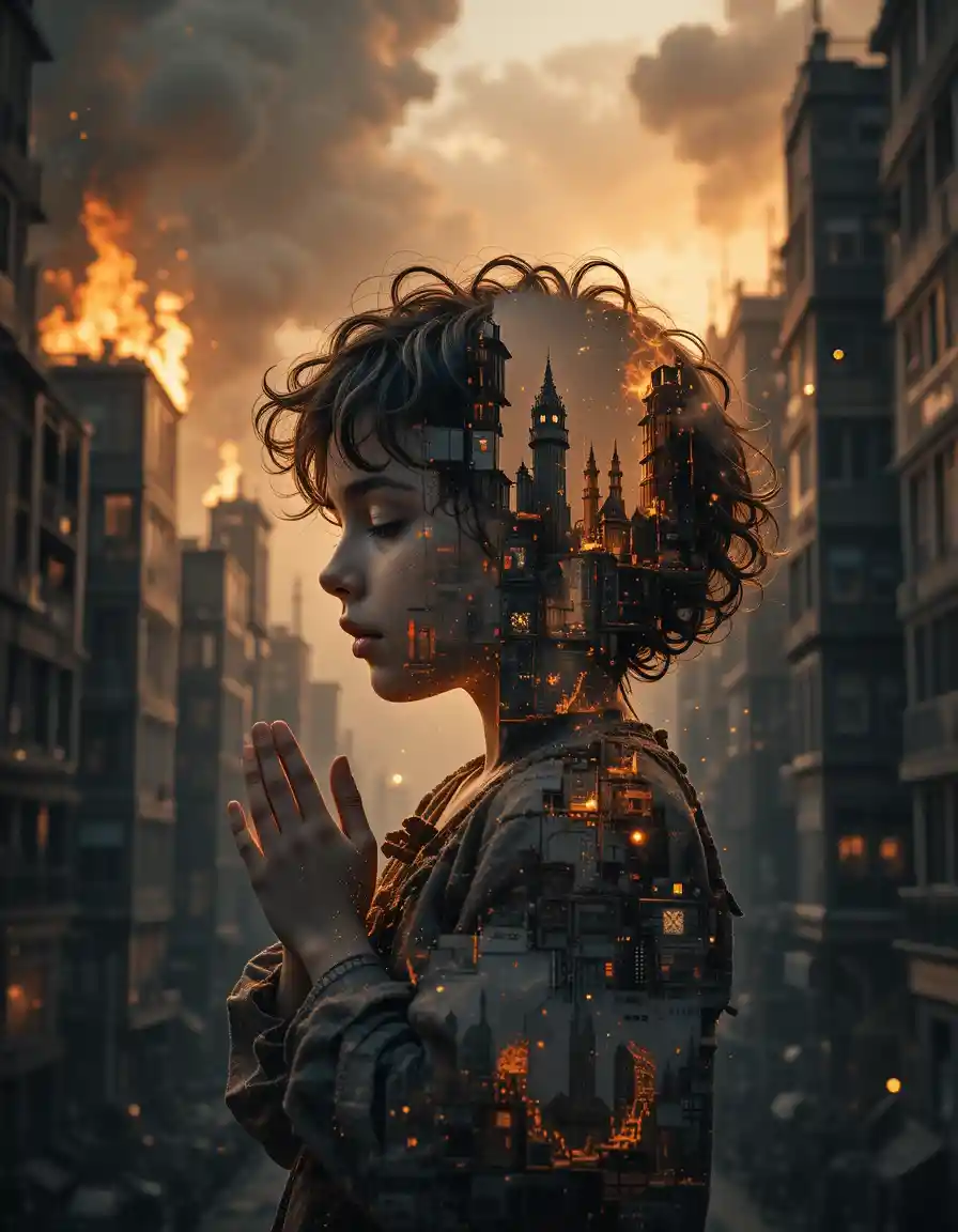 Child praying in front of burning city double exposure