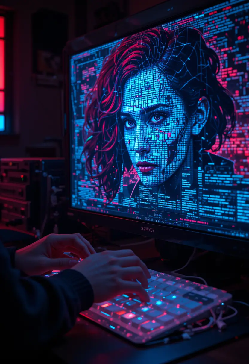 Hacker typing on keyboard with glitching face on monitor