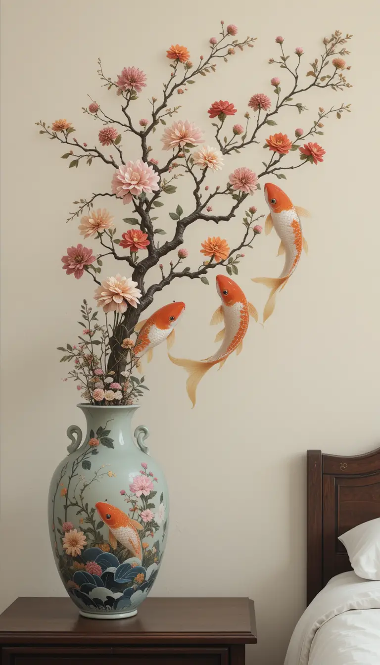 Pastel koi fish vase with flowers on bedroom wall