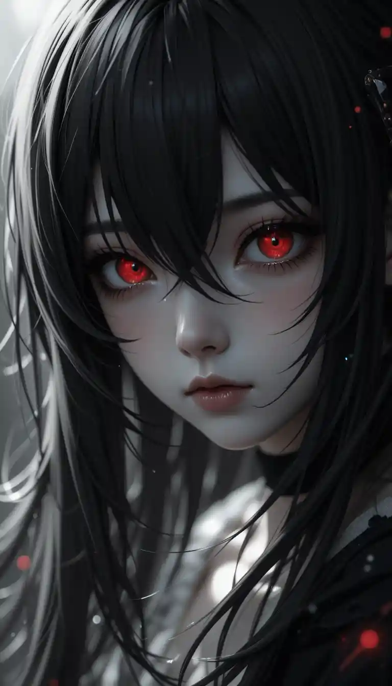 Anime woman close up with glowing red eyes