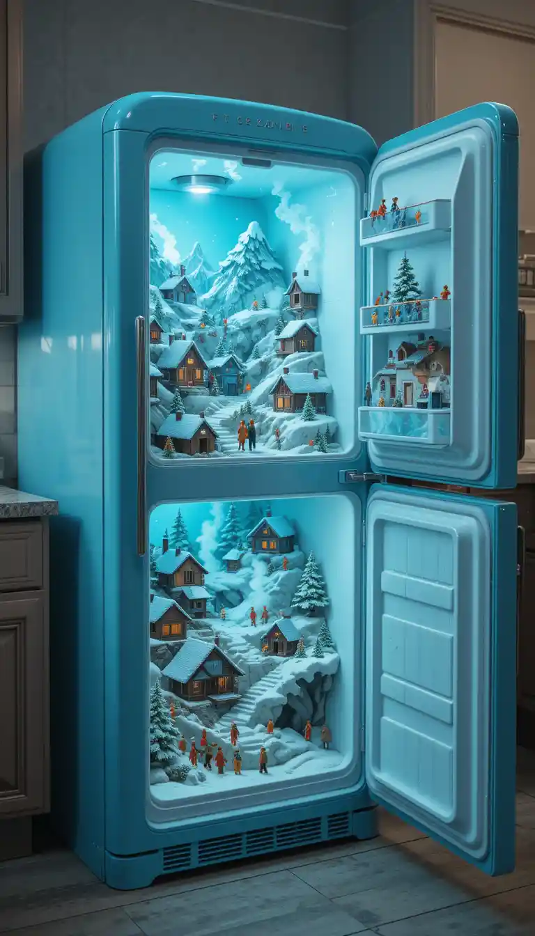 Surreal blue refrigerator opening into a frozen miniature world