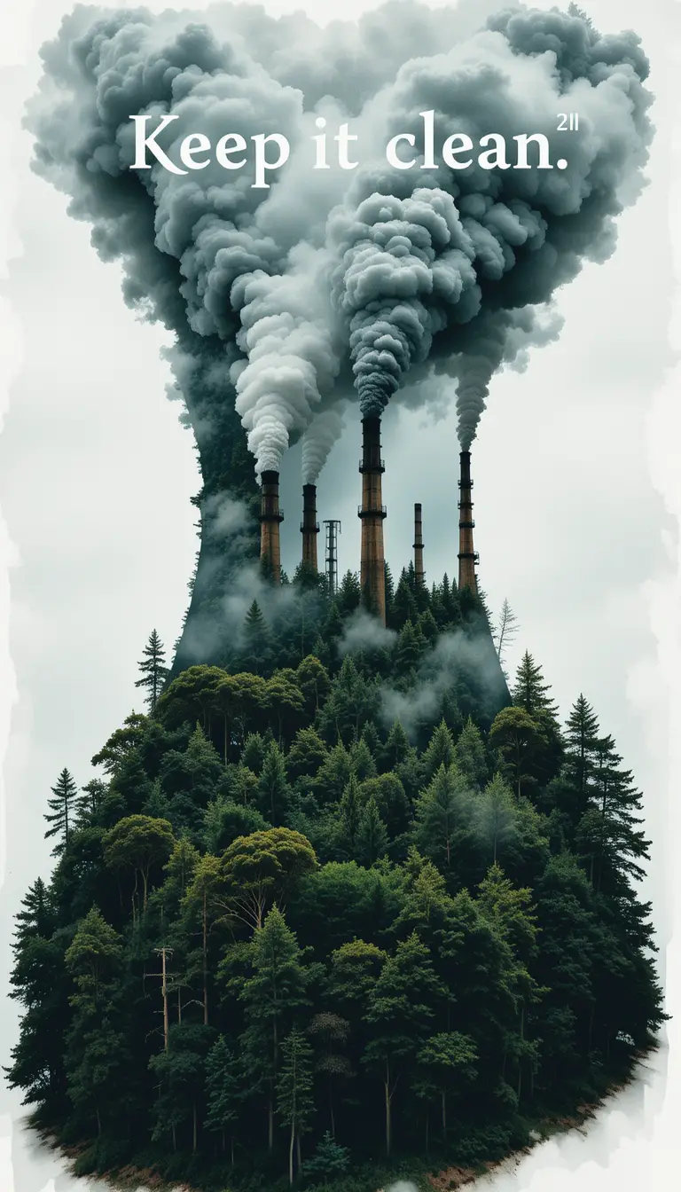 Double exposure power plant shaped from virgin forest