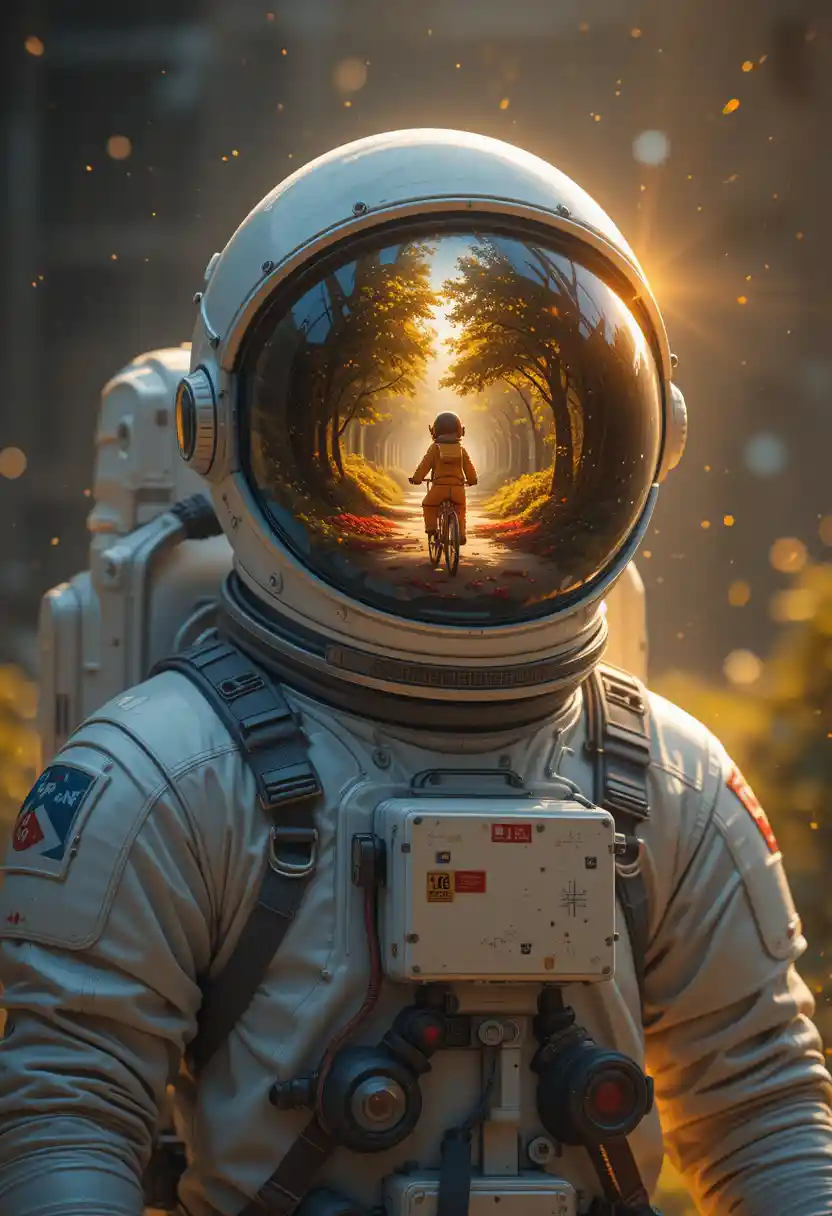 Astronaut With Childhood Memory Reflected In Glowing Visor