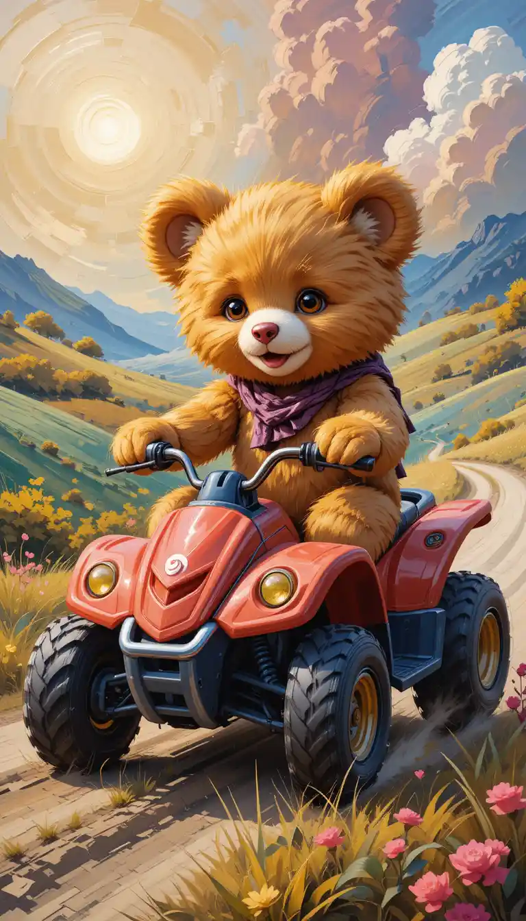 Cute teddy bear driving a quad in a dreamy painting