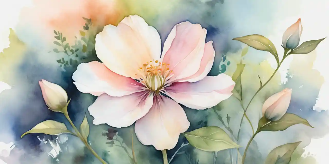 Soft watercolor painting of a blooming flower in a garden