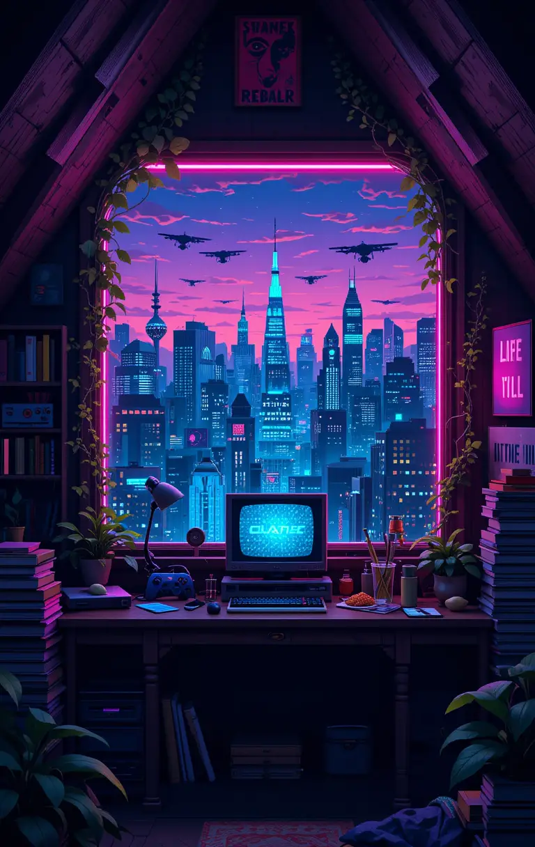 Futuristic pixel art cyberpunk gaming attic with city view