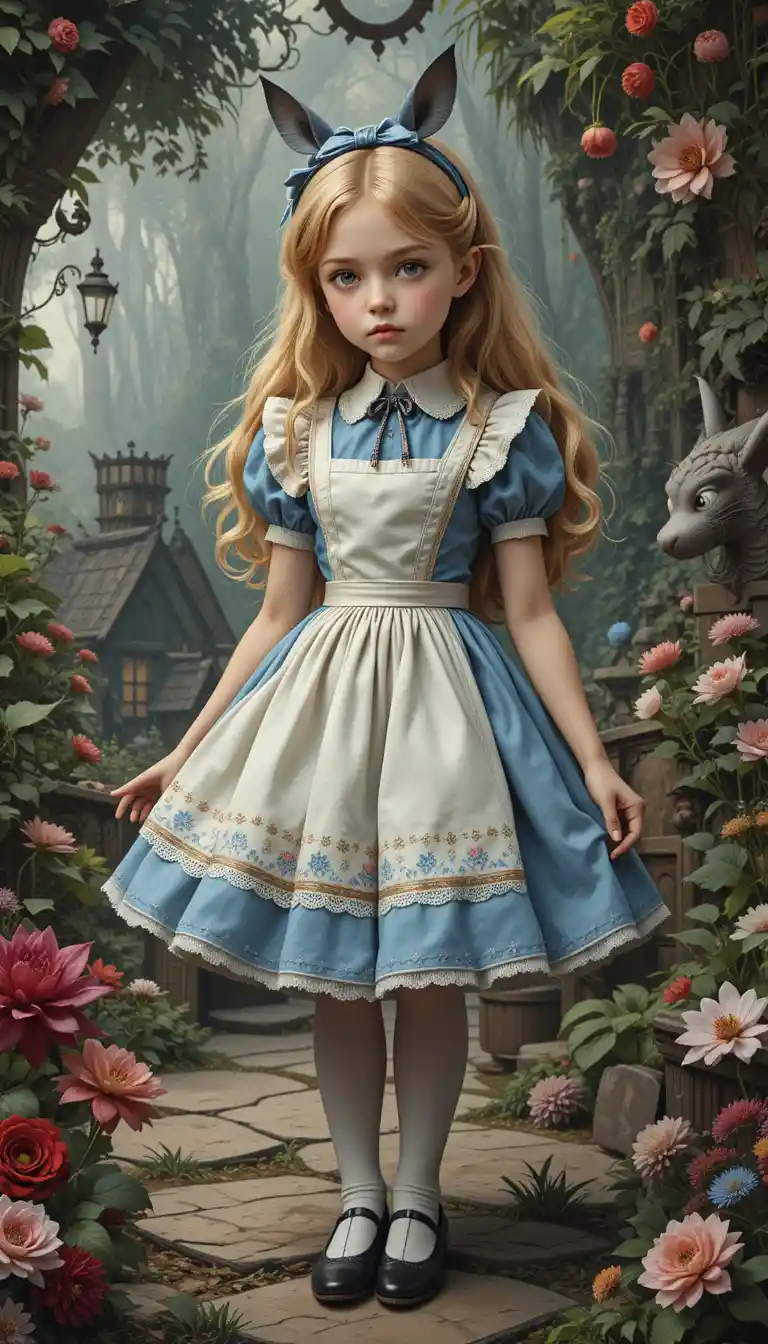 Curious young Alice exploring a surreal Wonderland world