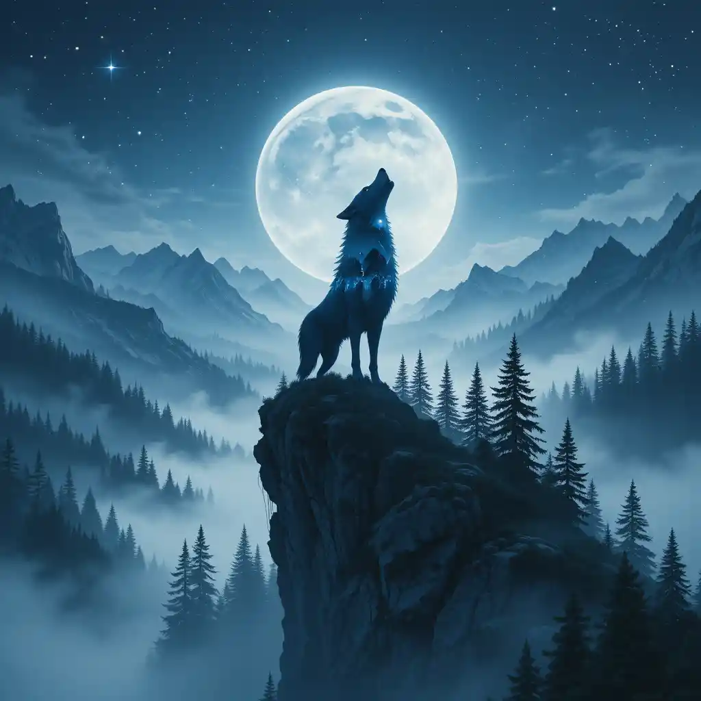 Lone wolf howling on a cliff in double exposure night scene