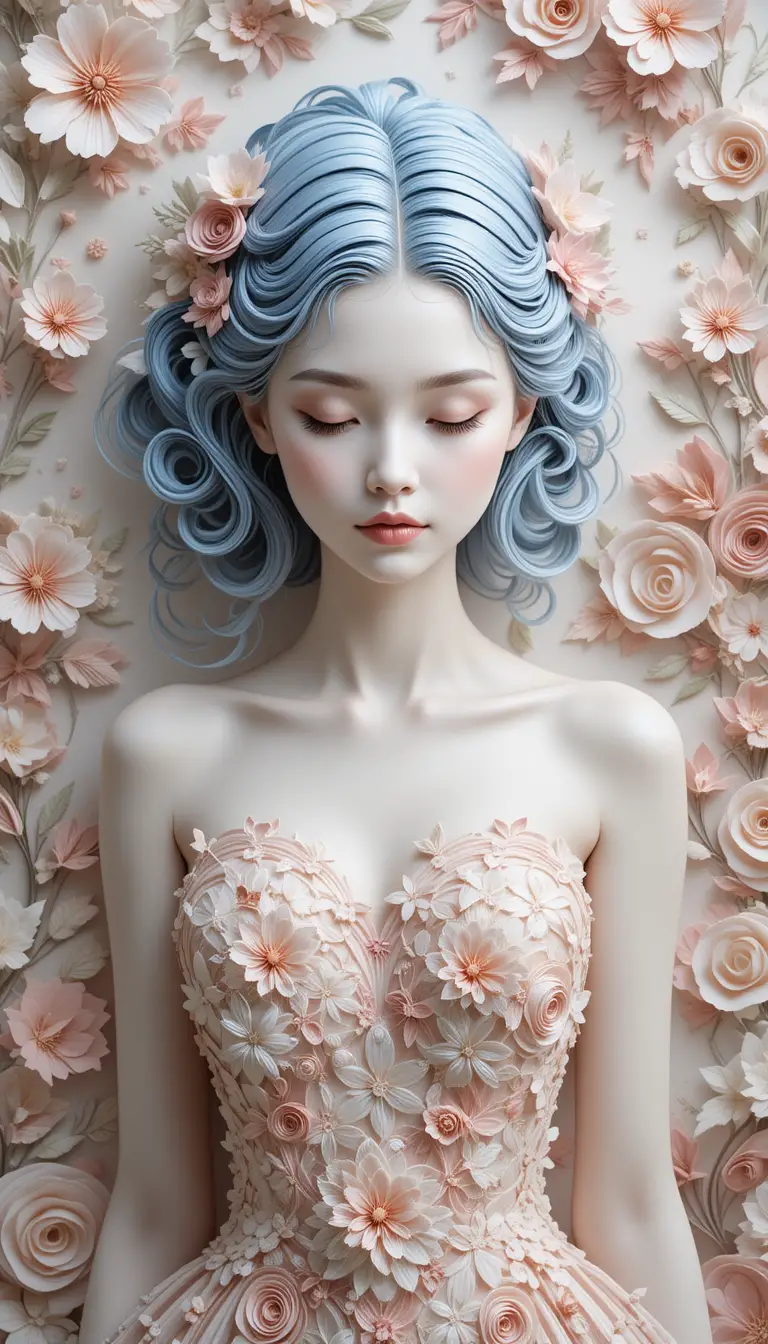 Quilled paper girl with pastel hair and floral dress