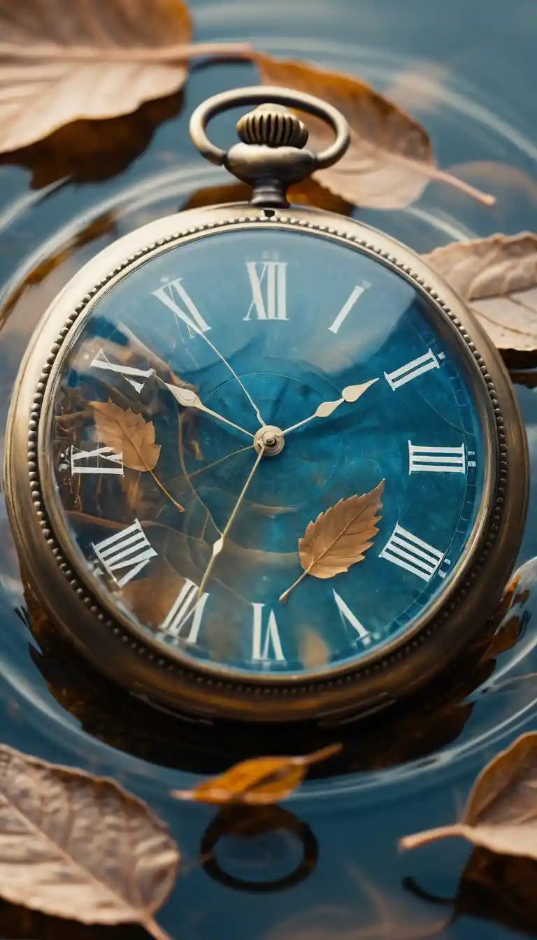 Double exposure pocket watch face over rippling water