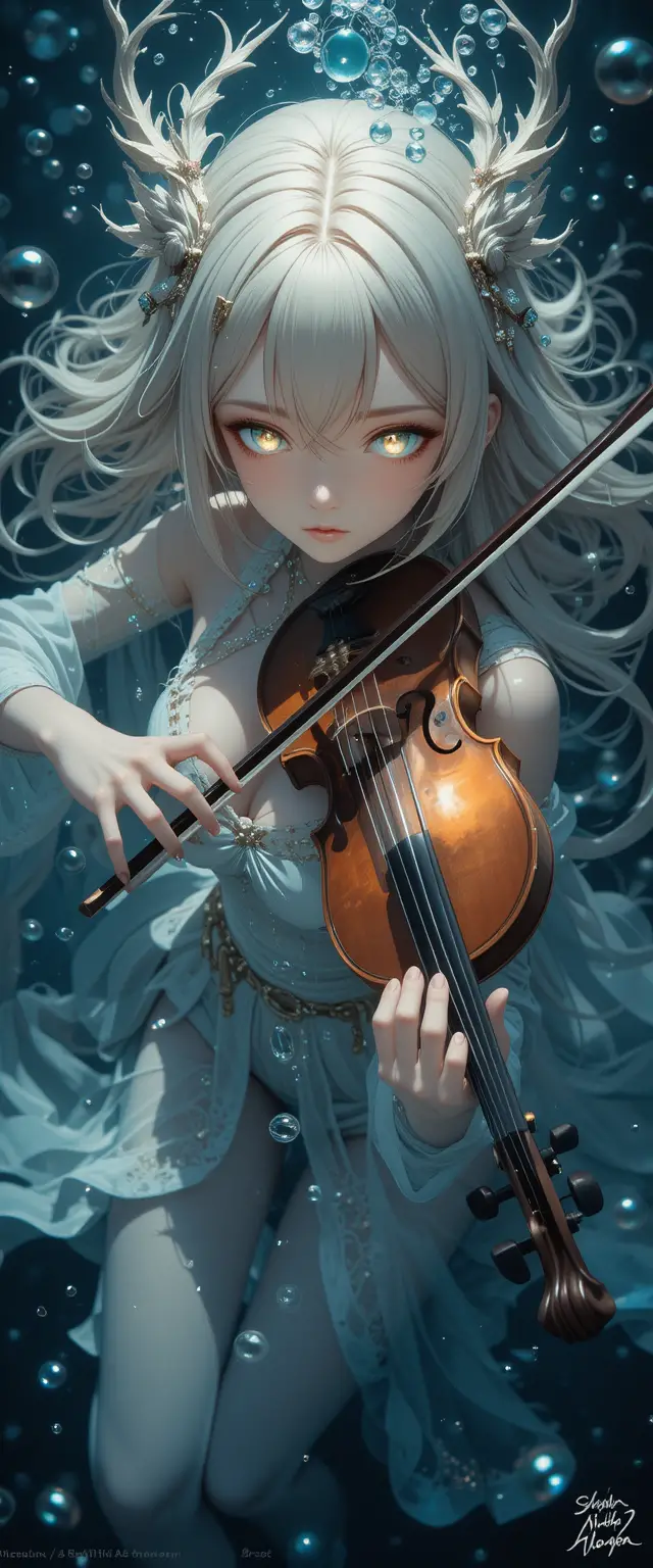 Anime girl with glowing eyes playing violin underwater