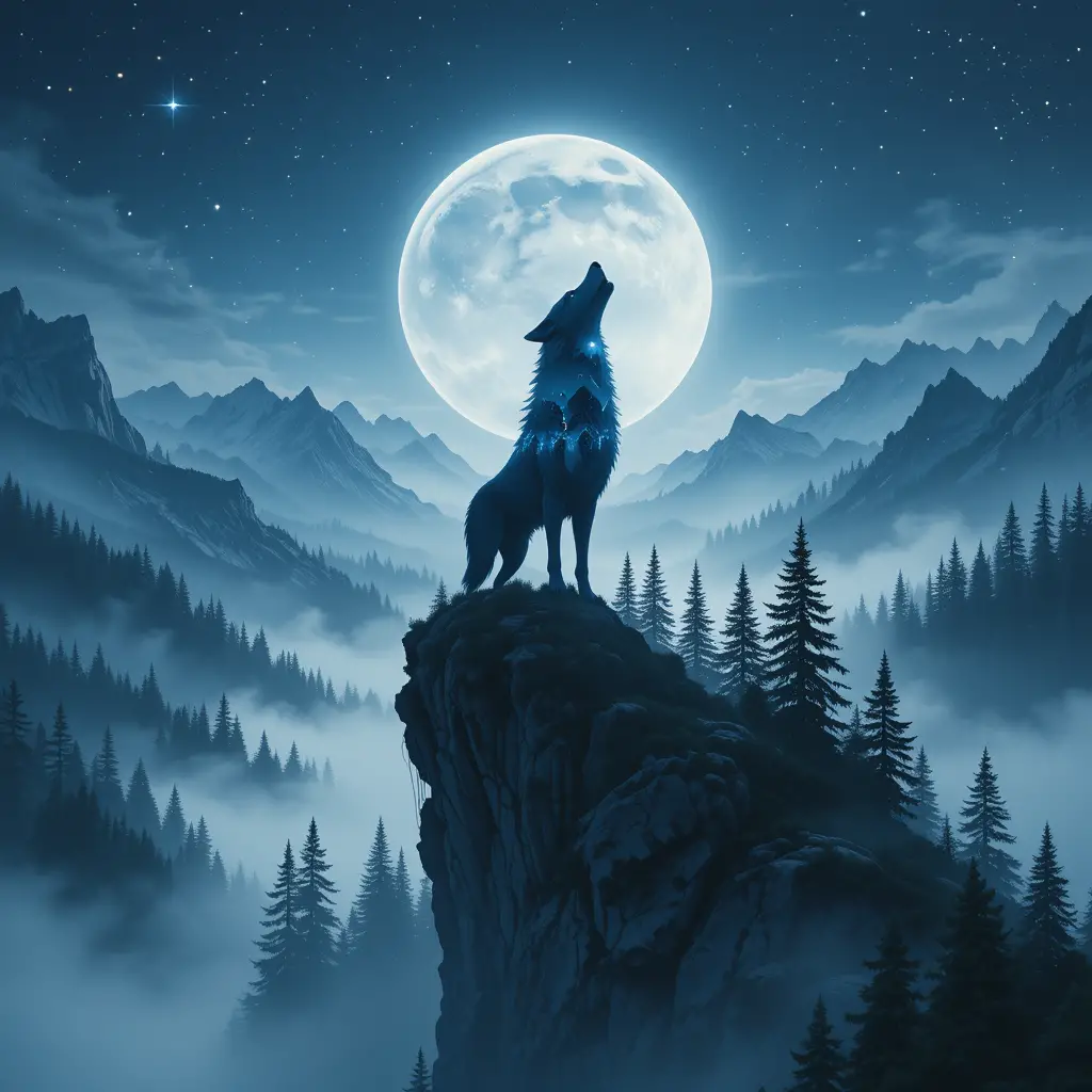 Lone wolf howling on a cliff in double exposure night scene