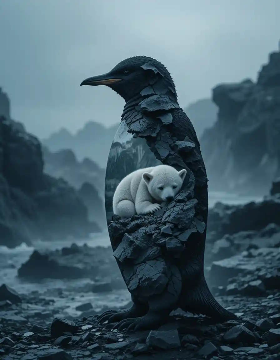 二重露光のペンギンとシロクマの親子のシェルター