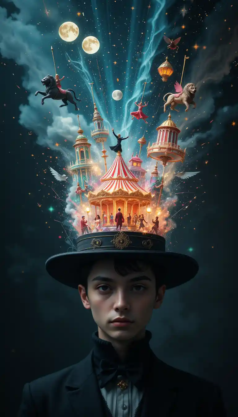 Person In Top Hat With Surreal Floating Circus