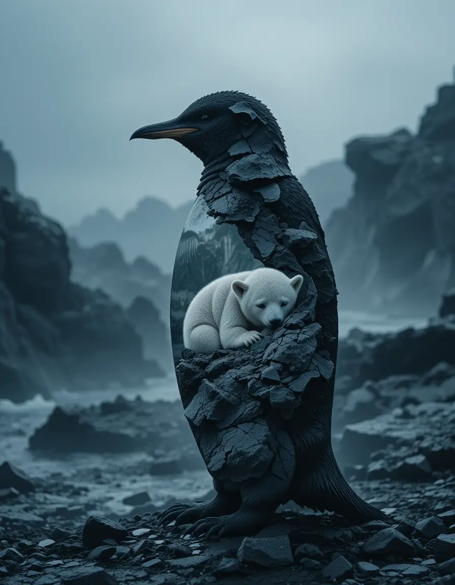 Double exposure penguin with polar bear and cub sheltering
