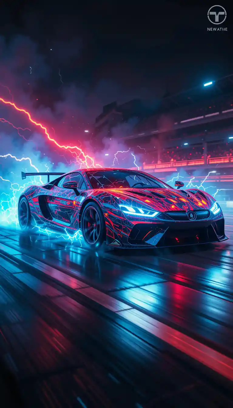 Voiture de sport futuriste en drift sur une piste sci-fi lumineuse