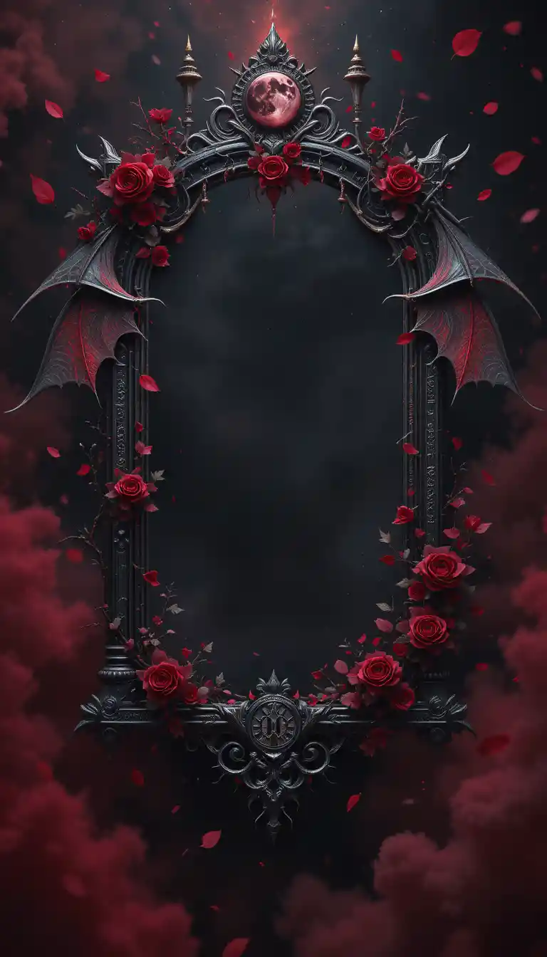 Gothic silver frame with blood moon crystal and roses