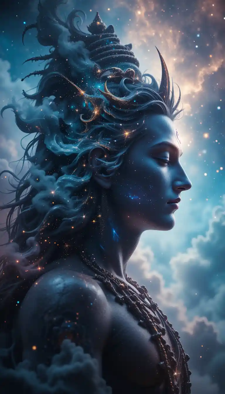 Lord Shiva close up merged with glowing cosmic galaxy