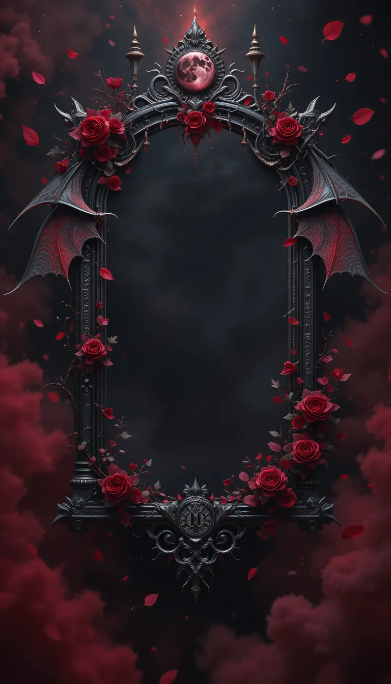 Gothic silver frame with blood moon crystal and roses
