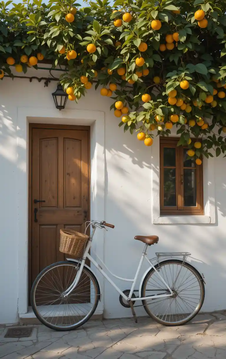 Casa Mediterranea Bianca con Albero di Arancio e Bicicletta