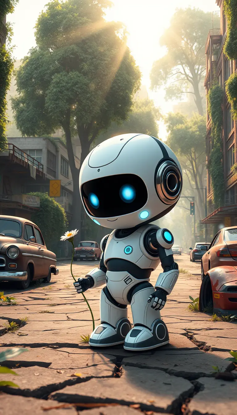 Cute Chibi Robot In Nature Reclaimed City Ruins