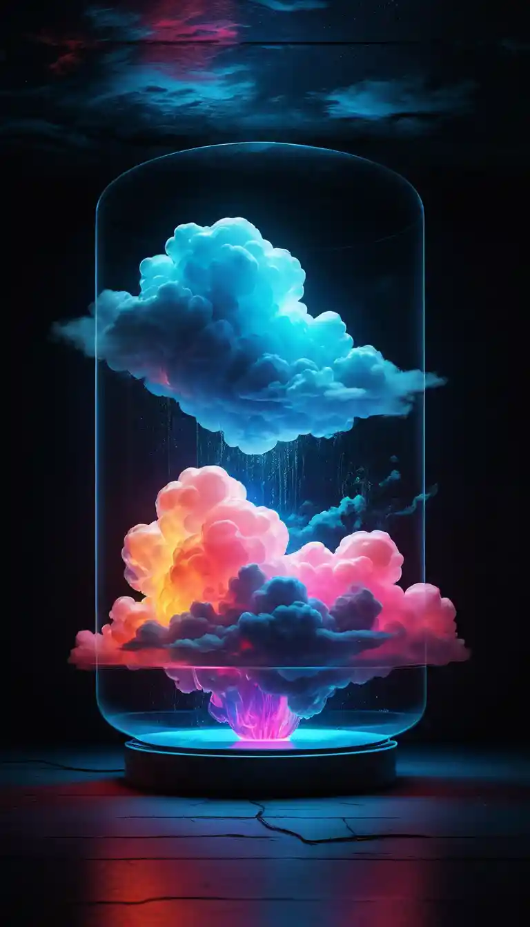 Nuage néon vibrant émergeant d’un récipient lumineux