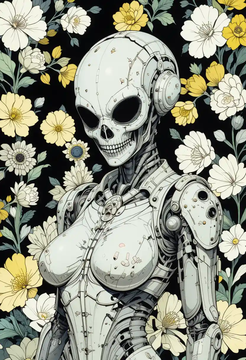 Alien cyborg woman in floral mech suit illustration