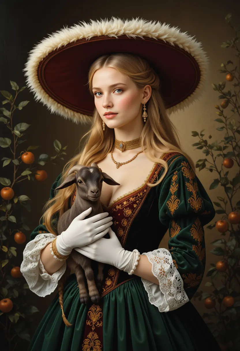 Renaissance style portrait of a blonde woman with a goat
