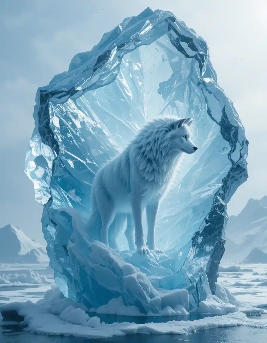 Wolf Encased In Crystal Iceberg With Glowing Eyes