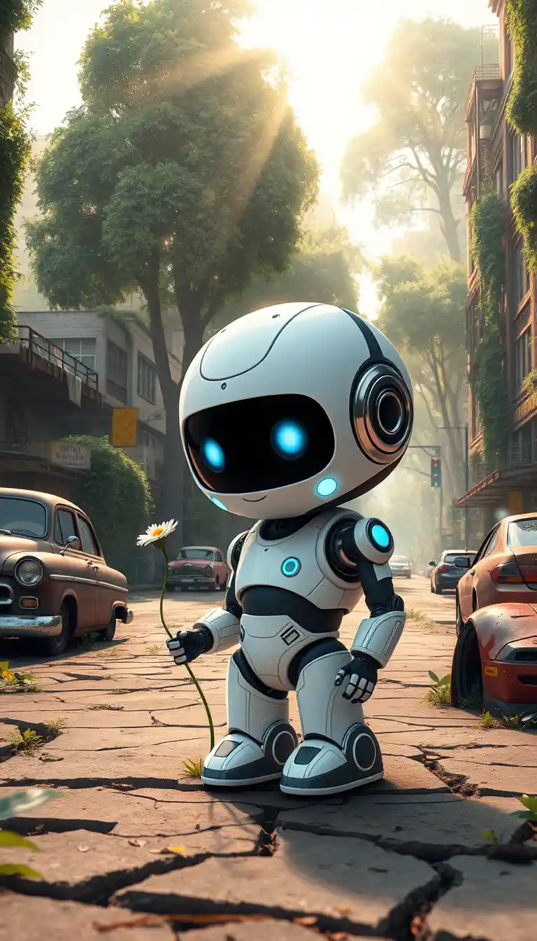 Cute Chibi Robot In Nature Reclaimed City Ruins