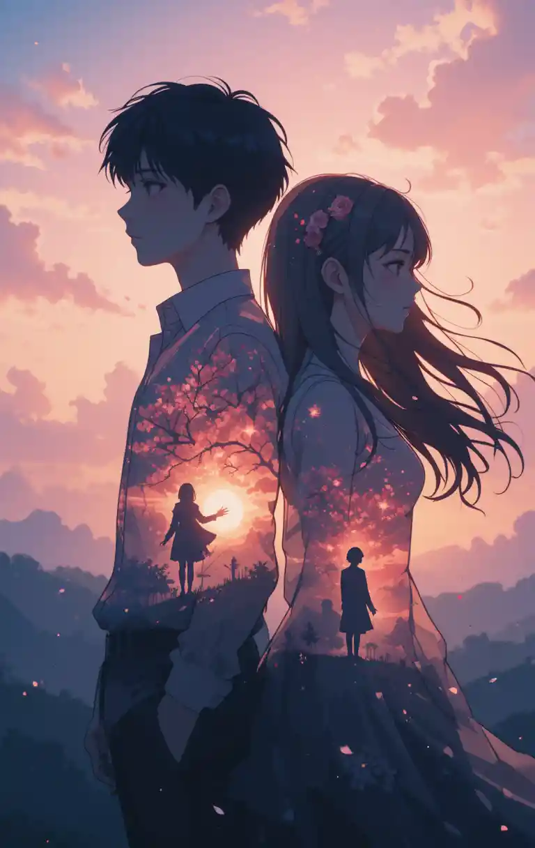 Anime boy and girl back to back with glowing memories