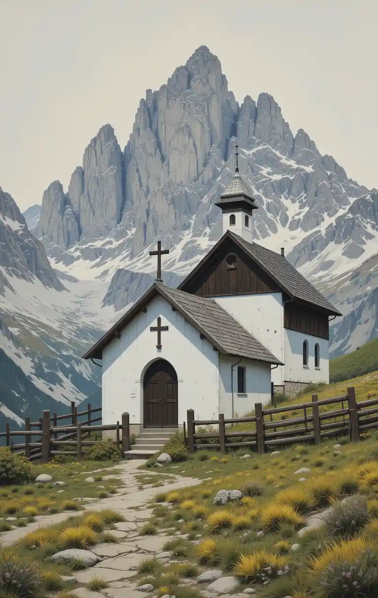 Rustic Alpine Chapel With Mountains In Oil Painting