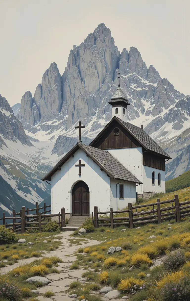 Rustic Alpine Chapel With Mountains In Oil Painting