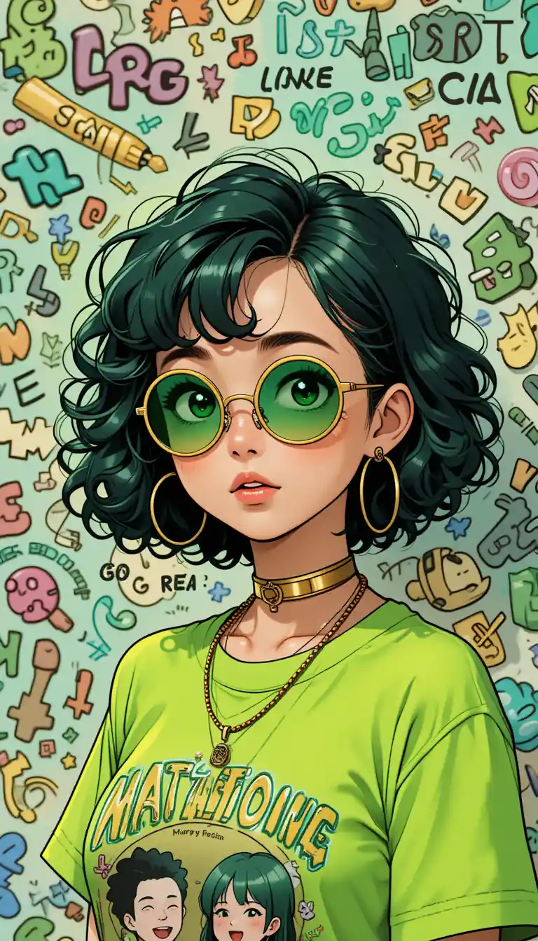 Anime girl portrait with vibrant doodle background