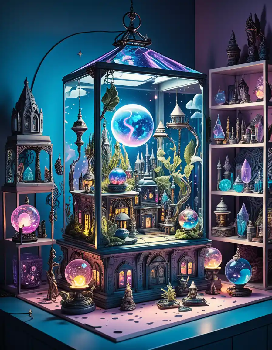 Enchanted witches crafting potions in a mystical neon emporium