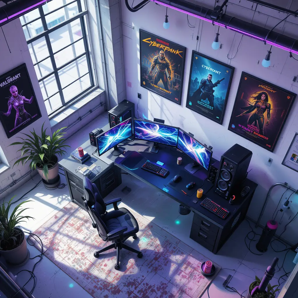Modern loft gaming studio with triple monitor setup