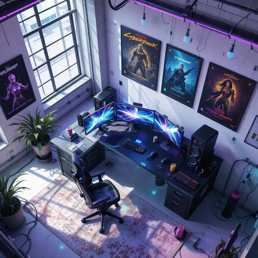Modern loft gaming studio with triple monitor setup